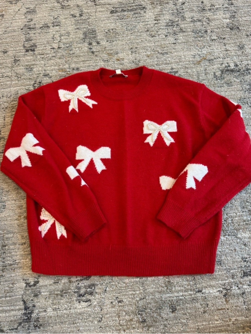 Women’s Red Bow Pattern Crewneck Sweater Pearl Detail XS